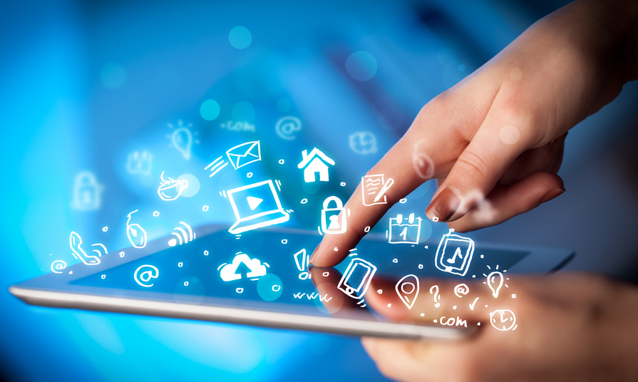 Hand touching tablet pc, social media concept