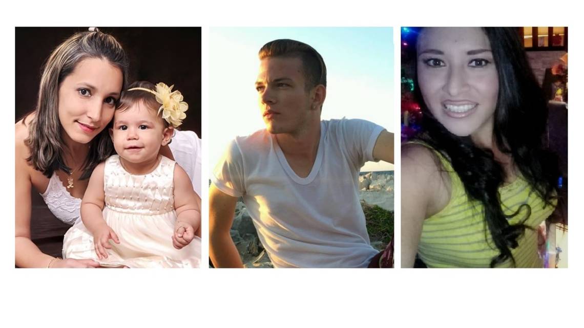 De izq. a der., algunas de algunas de las víctimas hasta ahora confirmadas: Mónica Leyva y su bebé Alexia, José Carlos Figueroa y la mexicana Abigail Hernández. Perfiles de Facebook